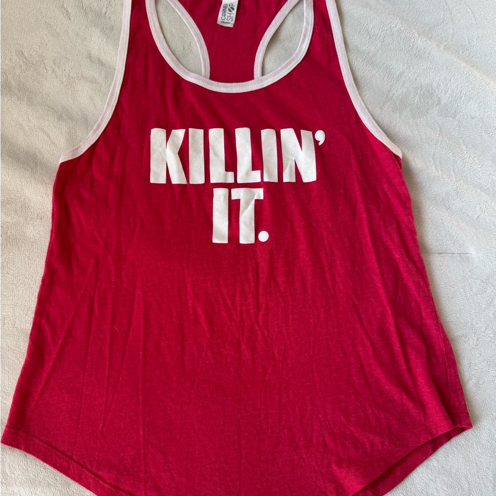 Red and White Racerback Tank Top with Bold Graphic